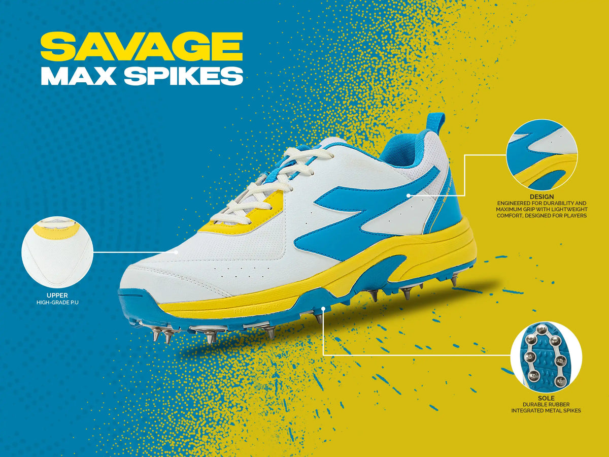 SG - Savage Max Spikes White/Yellow/Sky Blue Cricket Shoes