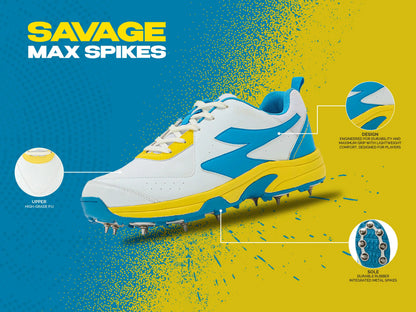 SG - Savage Max Spikes White/Yellow/Sky Blue Cricket Shoes