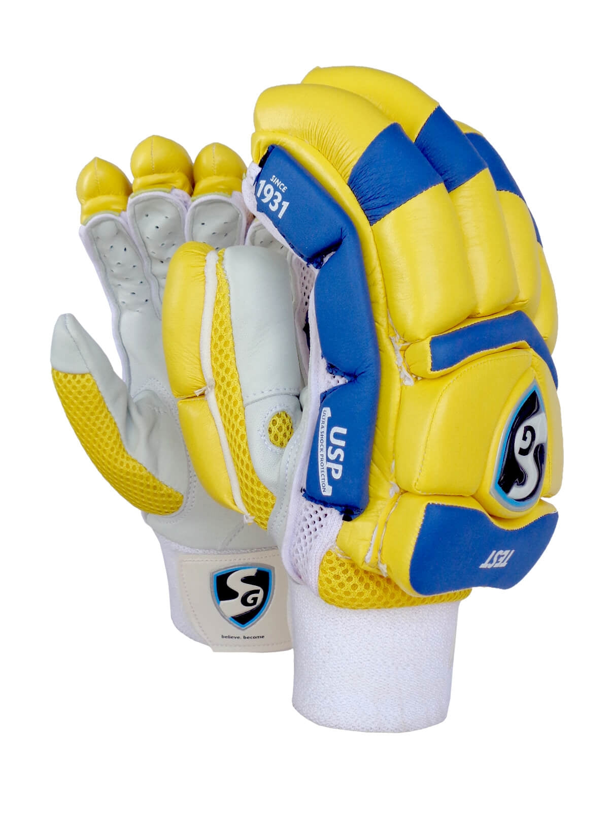 SG - CSK Test Yellow/Blue Cricket Batting Gloves Mens Size